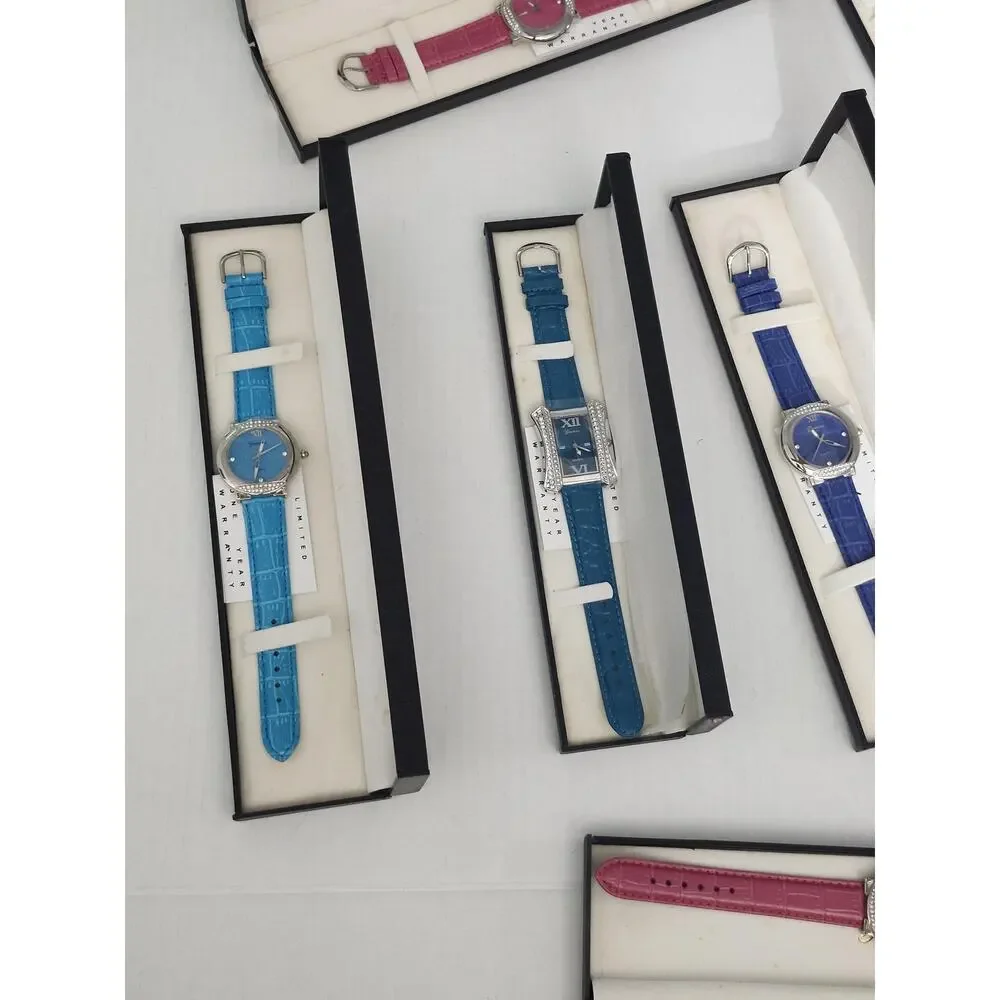 Vintage Genevex Womens Watch Lot 14 Boxed Quartz Colorful Leather Strap Set